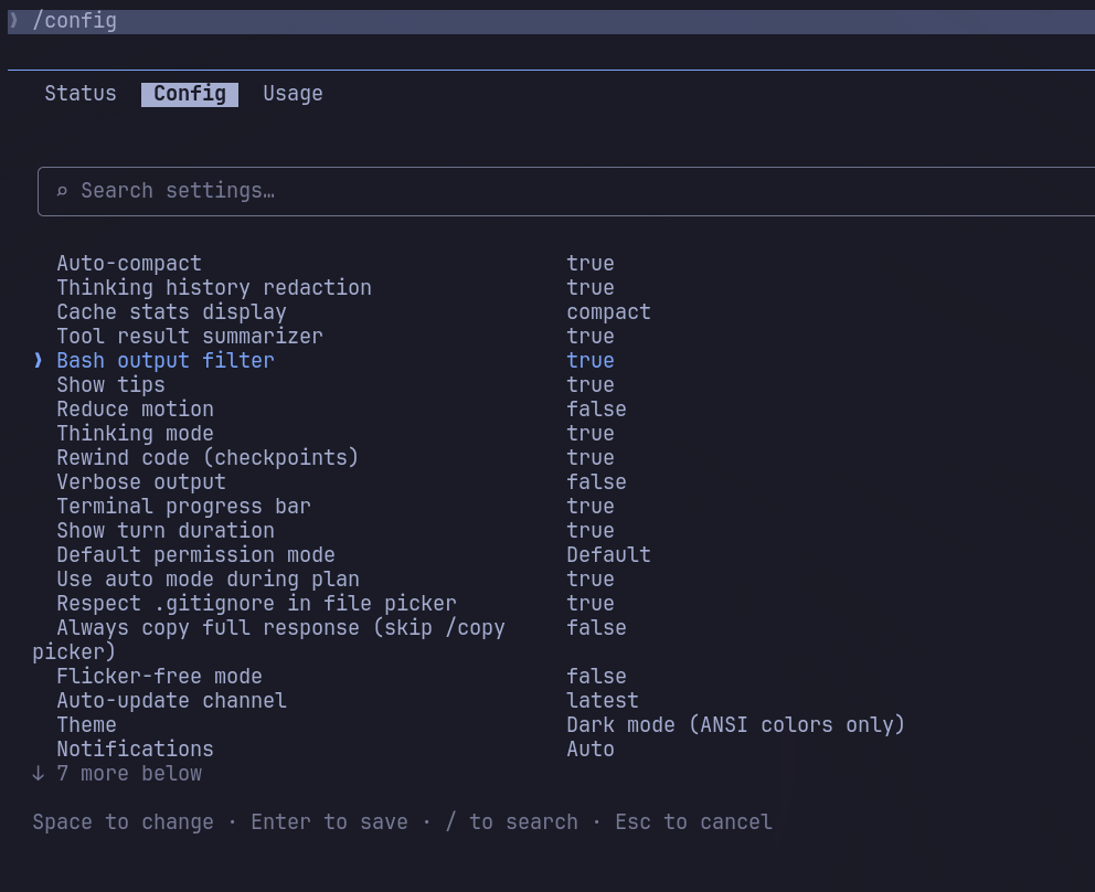/config panel showing Bash output filter set to true